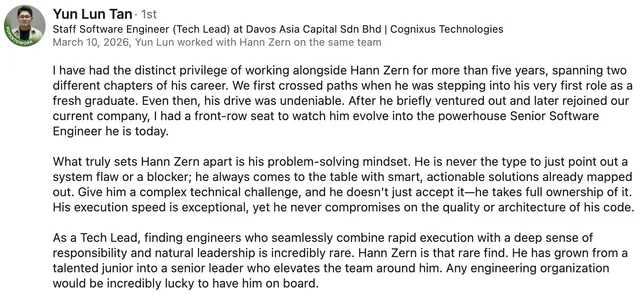 Screenshot of a LinkedIn recommendation