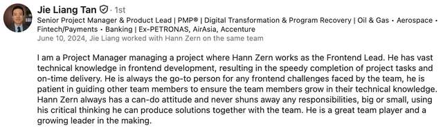 Screenshot of a LinkedIn recommendation
